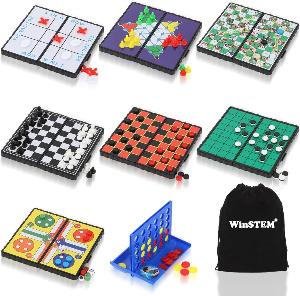 8-in-1 Mini Travel Board Games Set, Magnetic Checkers Game with Folding Magnet Board, 4 in a Row Game, 5.2 Compact Design Ideal for Family/Road Trip/Travel/Camping Party, Included Storage Bag