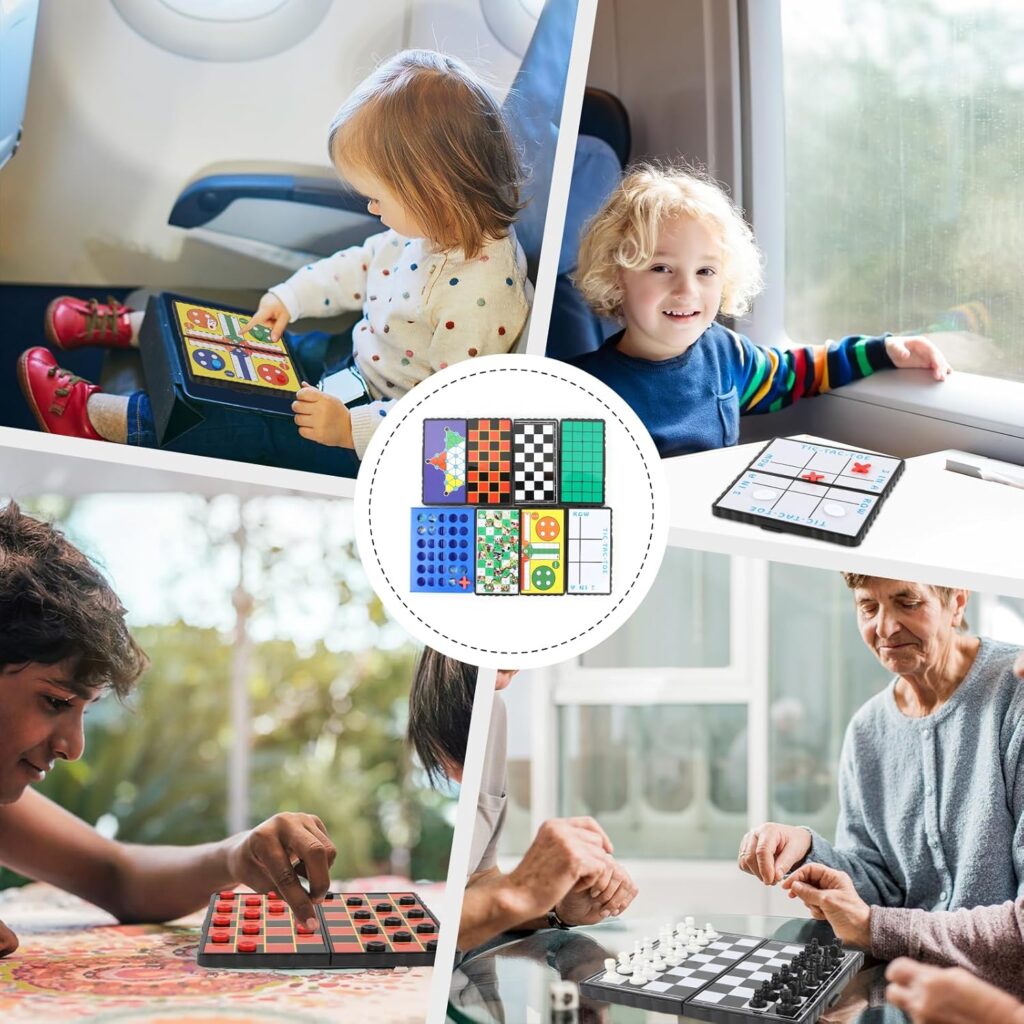 8-in-1 Mini Travel Board Games Set, Magnetic Checkers Game with Folding Magnet Board, 4 in a Row Game, 5.2 Compact Design Ideal for Family/Road Trip/Travel/Camping Party, Included Storage Bag
