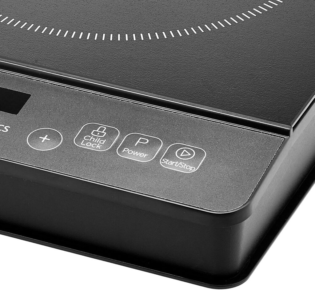 Amazon Basics 1800W Electric Portable Induction Cooktop, Induction Burner with Child Lock, Overheat Protection, Timer, 8 Power Settings, Up to 440°F, for Cookware with Diameter 5.7-8.2, Black