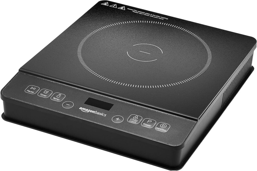 Amazon Basics 1800W Electric Portable Induction Cooktop, Induction Burner with Child Lock, Overheat Protection, Timer, 8 Power Settings, Up to 440°F, for Cookware with Diameter 5.7-8.2, Black