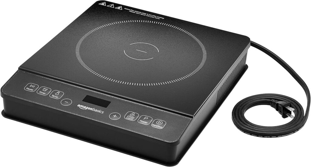 Amazon Basics 1800W Electric Portable Induction Cooktop, Induction Burner with Child Lock, Overheat Protection, Timer, 8 Power Settings, Up to 440°F, for Cookware with Diameter 5.7-8.2, Black