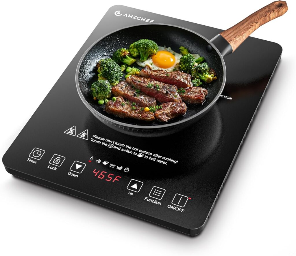 AMZCHEF Portable Induction Cooktop 20 Temperature  Power Levels, 1800W Induction Stove Burner with 6.8 Heating Coil, Low Noise Hot Plate Single Electric Cooktops Countertop Stove with Timer