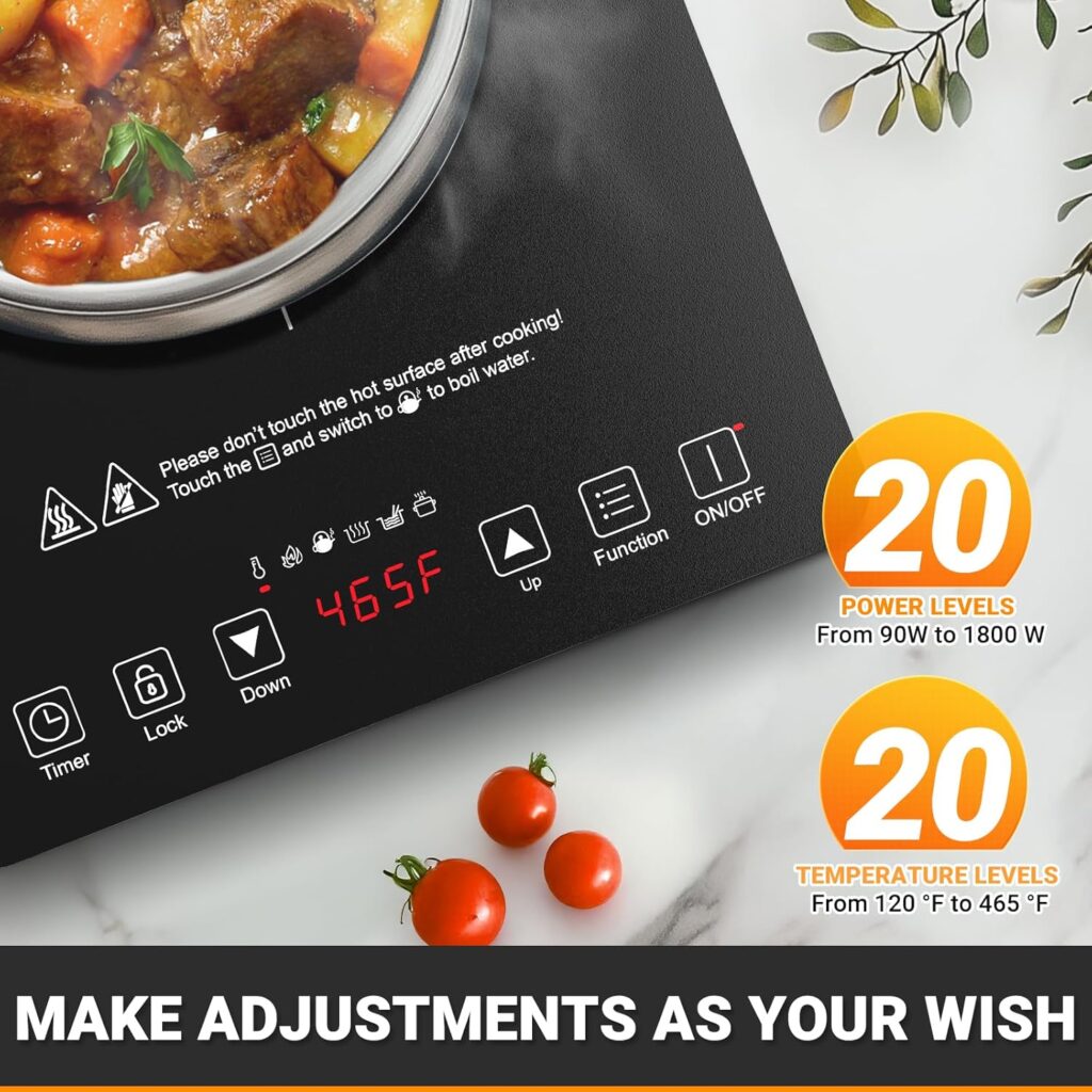 AMZCHEF Portable Induction Cooktop 20 Temperature  Power Levels, 1800W Induction Stove Burner with 6.8 Heating Coil, Low Noise Hot Plate Single Electric Cooktops Countertop Stove with Timer