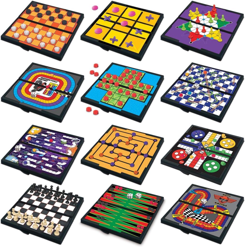 Gamie Magnetic Board Travel Games Set - Includes 12 Retro Fun Games - 5 Compact Design - Individually Boxed - Teaches Strategy  Focus, Great for Road Trip/Travel/Camping - Best Gift for Kids Ages 6+