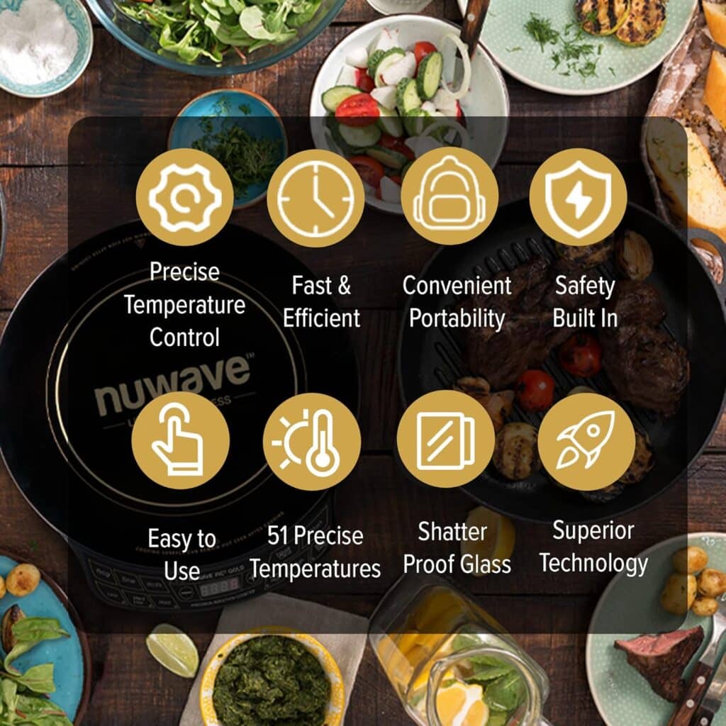 Nuwave Gold Precision Induction Cooktop, Portable, Powerful with Large 8” Heating Coil,100°F to 575°F, 3 Wattage Settings, 12” Heat-Resistant Cooking Surface