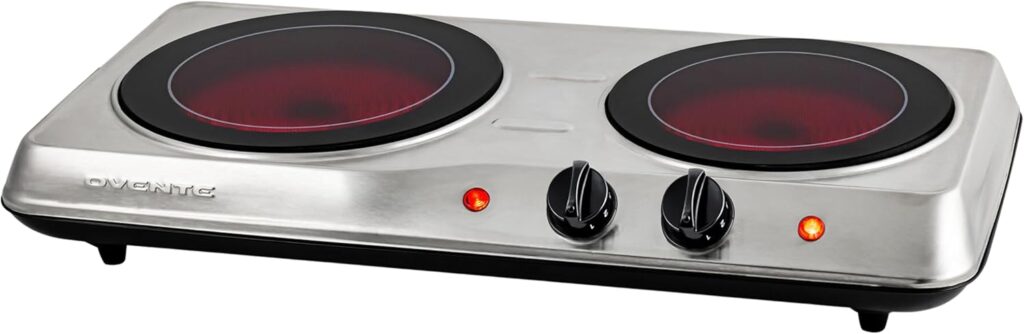 OVENTE Countertop Infrared Double Burner, 1700W Electric Hot Plate and Portable Stove with 7.75 and 6.75 Ceramic Glass Cooktop, 5 Level Temperature Setting and Easy to Clean Base, Silver BGI102S